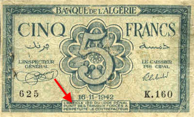 image of an Algerian bank note with one section of text in the French language