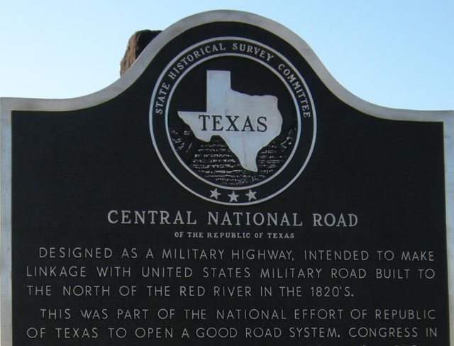 historical marker for the Central National Road of Texas