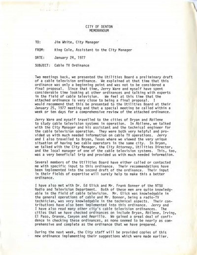 Page one of City of Denton Memorandum, January 24, 1977. Tom Harpool Collection, University of North Texas Special Collections.