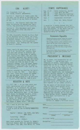 A newsletter from the Tarrant County Women's Political Caucus, August 1981, from the Lanny Hall Collection. UNTA_AR0177-066-001_01