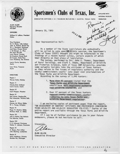 Letter to Lanny Hall from the Sportsmen's Club of Texas, UNTA_AR0177-014-002