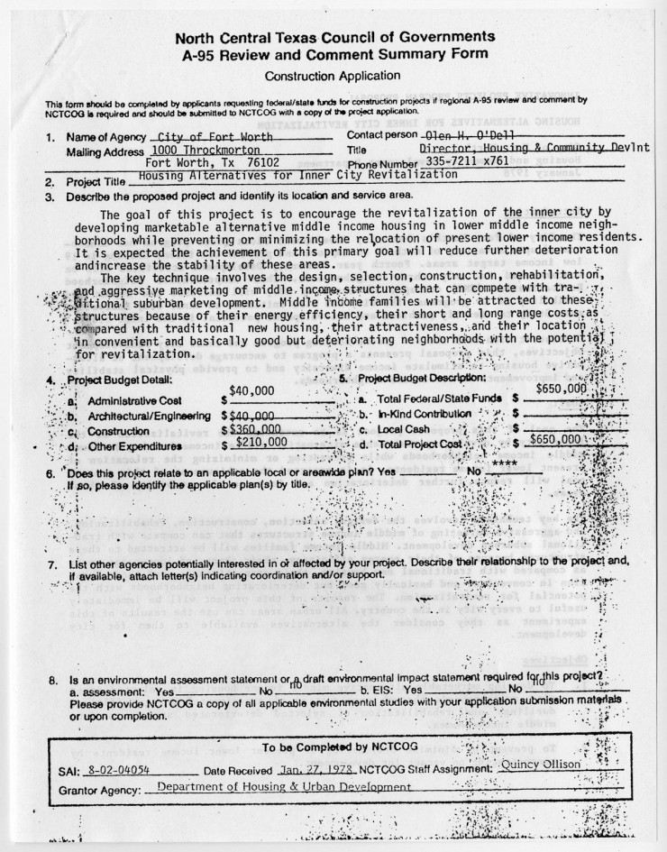 Page 1 of City of Fort Worth's application to North Central Texas Council of Governments, UNTA_AR0265-006-002
