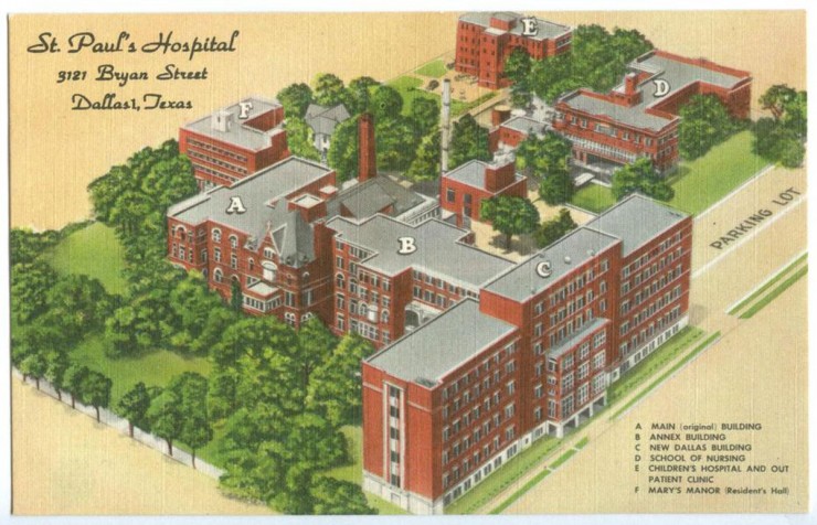 [Map of St. Paul's Hospital], Postcard, n.d.; (http://texashistory.unt.edu/ark:/67531/metapth121635/ : accessed December 01, 2015), University of North Texas Libraries, The Portal to Texas History, http://texashistory.unt.edu; crediting Dallas Heritage Village, Dallas, Texas.