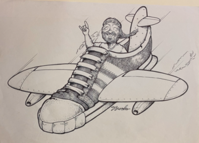 Sketch of Willie Nelson flying in a shoe