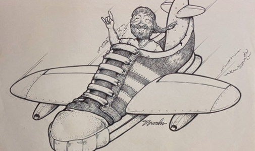 Sketch of Willie Nelson flying in a shoe