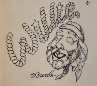 Sketch of Willie Nelson head with lasso text spelled out as Willie