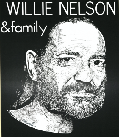 Drawing of Willie nelson in black and white. Image states Willie Nelson and family.