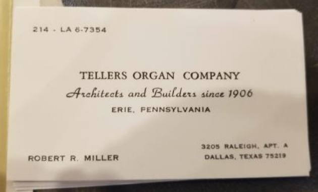 Miller's business card from Tellers Organ Company 