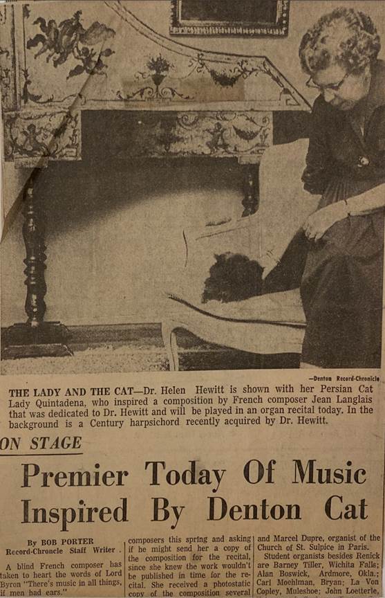 newspaper clipping titled Premier Today of Music Inspired by Denton Cat