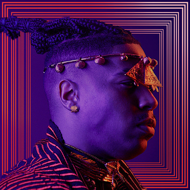 cover art in purple and pink colors with a picture of Chef Xian Adjauj - Christian Scott wearing a stylized headdress and garments