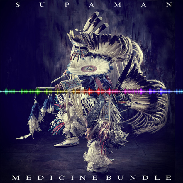cover art with warrior and representation of multicolor sound waves
