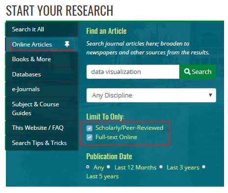 Screenshot of online article search on UNT Libraries website that shows peer-reviewed, full-text default selections 