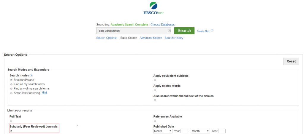 Screenshot of EBSCOhost database page's Search Options with a red box that indicates Scholarly (Peer-reviewed) Journals as checked