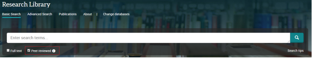 Screenshot of ProQuest Research Library's Basic Search with a red box indicating Peer Reviewed as checked