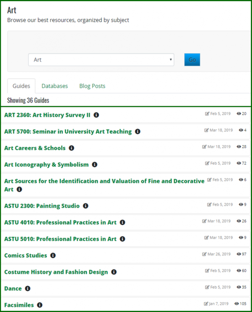 Screenshot of a list of subject guides related to art