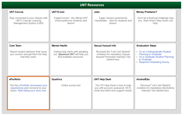 Screenshot of UNT resources from myUNT website with orange box indicating ePortfolio