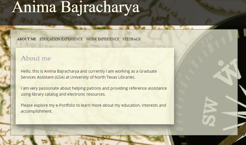 Screenshot of ePortfolio homepage with a section of about me, education experience, work experience and feedback