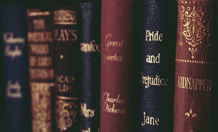 Close up of a bookshelf.