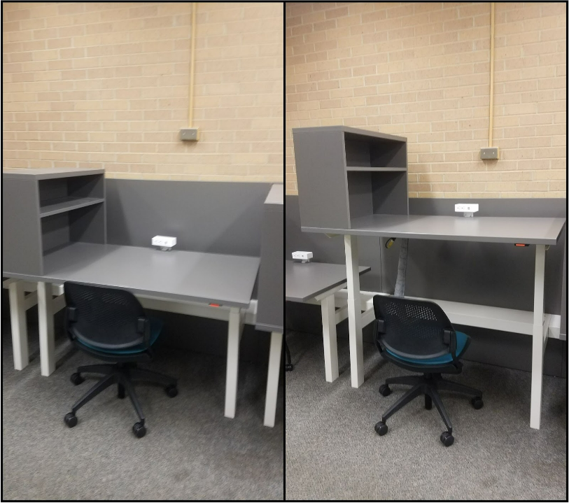 Two photos of a height-adjustable desk in lowered and raised positions