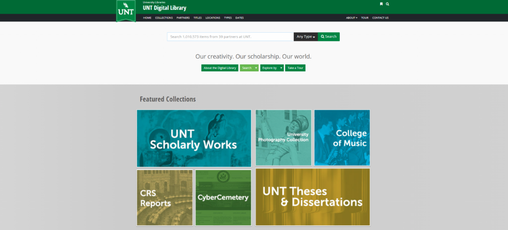 Screenshot of the UNT Digital Library portal Image by UNT Libraries. Accessed from https://digital.library.unt.edu/  