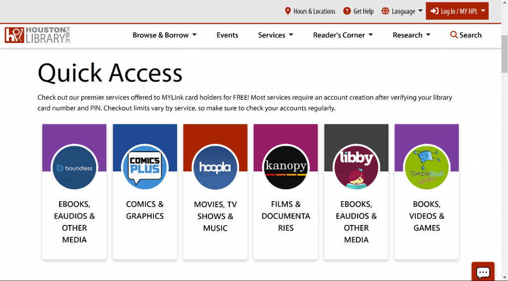 Houston Public Library webpage showing digital services available to MyLink card holders.