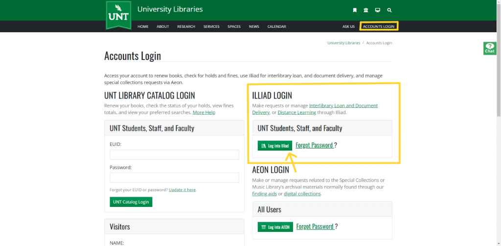 UNT Libraries Accounts Login webpage highlighting ILLiad account login.