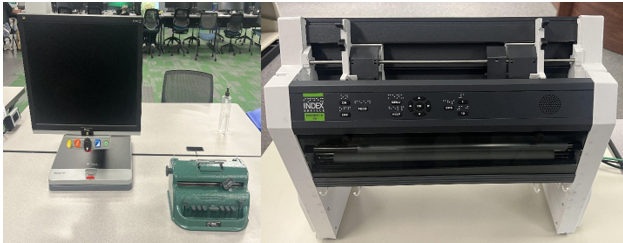 Topaz Desktop Magnifier and Perkin Brailler located outside of Room 130 at Willis Library (Left) and Pekin Brailler located on the 4th floor of Willis Library (Right)