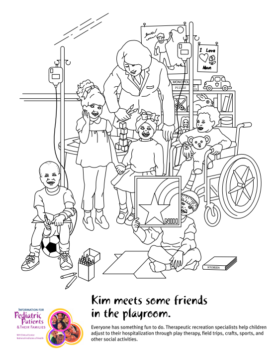 Kin meets some friends in the playroom (NIH coloring book).