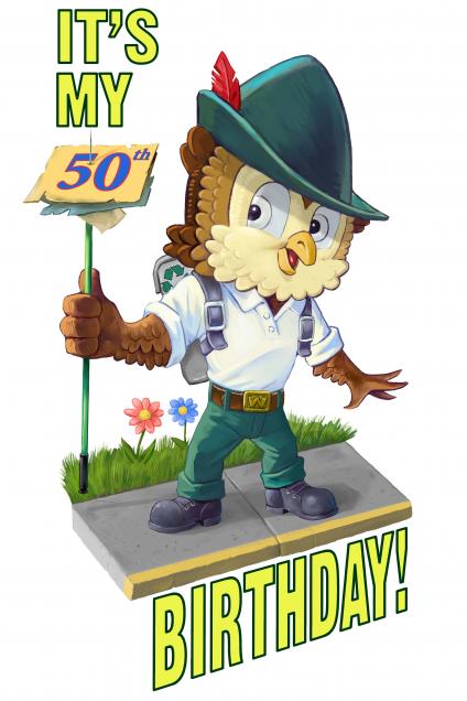A picture of Woodsy Owl with the words It's My 50th Birthday! on the side and bottom of the Woodsy Owl graphic.