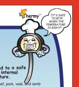 detail from a pamphlet featuring Thermy the thermometer saying his catchphrase, "It's safe to bit when the temperature is right!" 