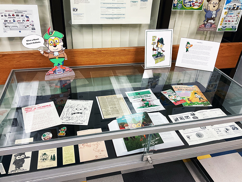 Woodsy Owl 50th Anniversary Display in Sycamore Library