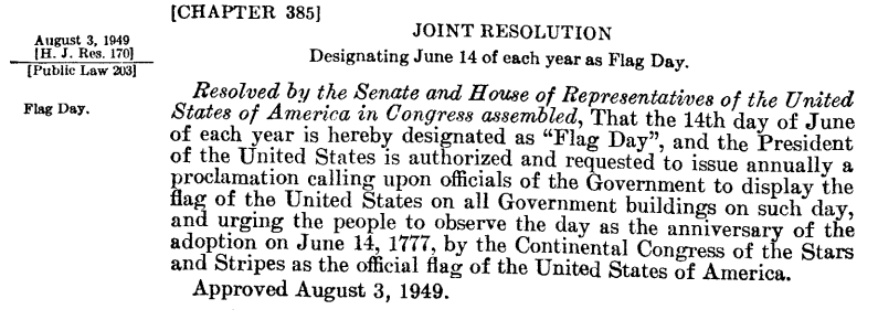 Joint resolution designating June 14 of each year as Flag Day.