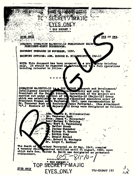 Sample page from Majestic 12 document, marked BOGUS.