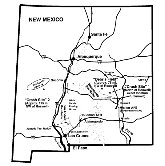 Map of New Mexico depicting "crash sites" and "debris field."