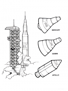 Depiction of a launching pad and the Mercury, Gemini, and Apollo spacecraft