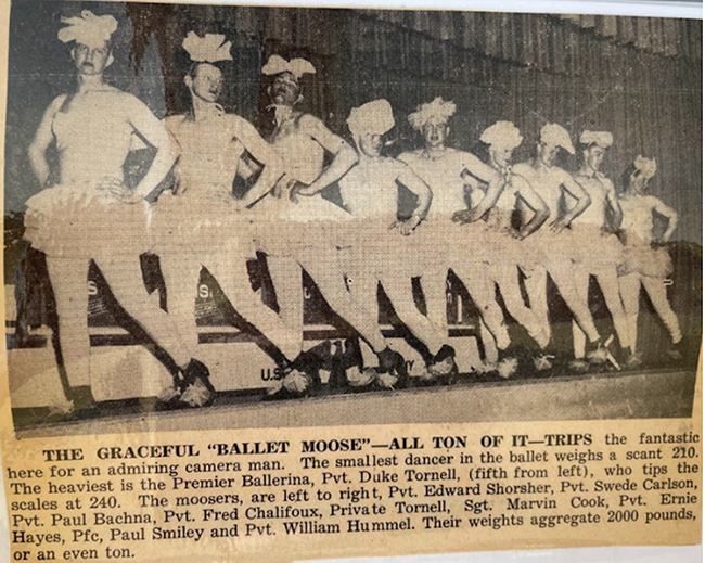 Newspaper photo of the all-male burlesque ballet troupe "The Ballet Moose"
