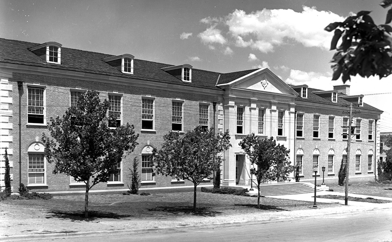 The Library Building, now the Information Sciences Building, of the North Texas State Teachers College. The building was built in the 1930s, with funds received from the Public Works Administration.