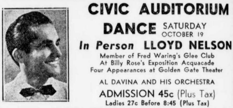 Advertisement for Lloyd Nelson's performance with Fred Waring's Glee Club at the Aquacade during the San Francisco's Golden Gate International Exposition 