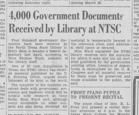 Newspaper article on the state of the NTSTC depository collection a year after the school became a federal depository library.