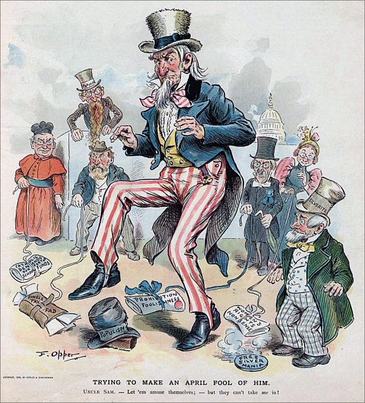 Illustration from the cover of Puck magazine shows Uncle Sam dancing through a minefield of political issues, such as "Catholic Demands for part of School Funds," "Single Tax Fad," "Populism," "Prohibition Foolishness," "Women's Rights Nonsense," and the "Free Silver Mania," which all have strings attached leading back to a bishop, a woman, a temperance man, and a "Silverite," among others.