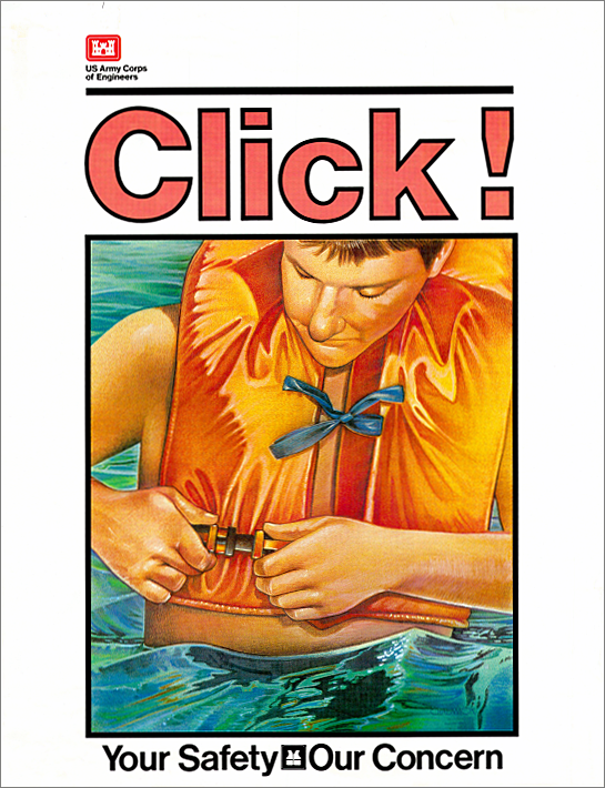 A person wearing an orange life jacket and standing in waist-deep water secures a buckle. The poster headline reads "Click!" with "Your Safety, Our Concern" below. Safety-focused tone.