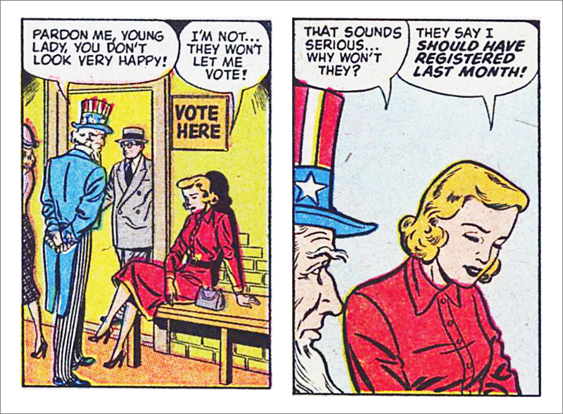 Uncle Sam scolds a young woman who