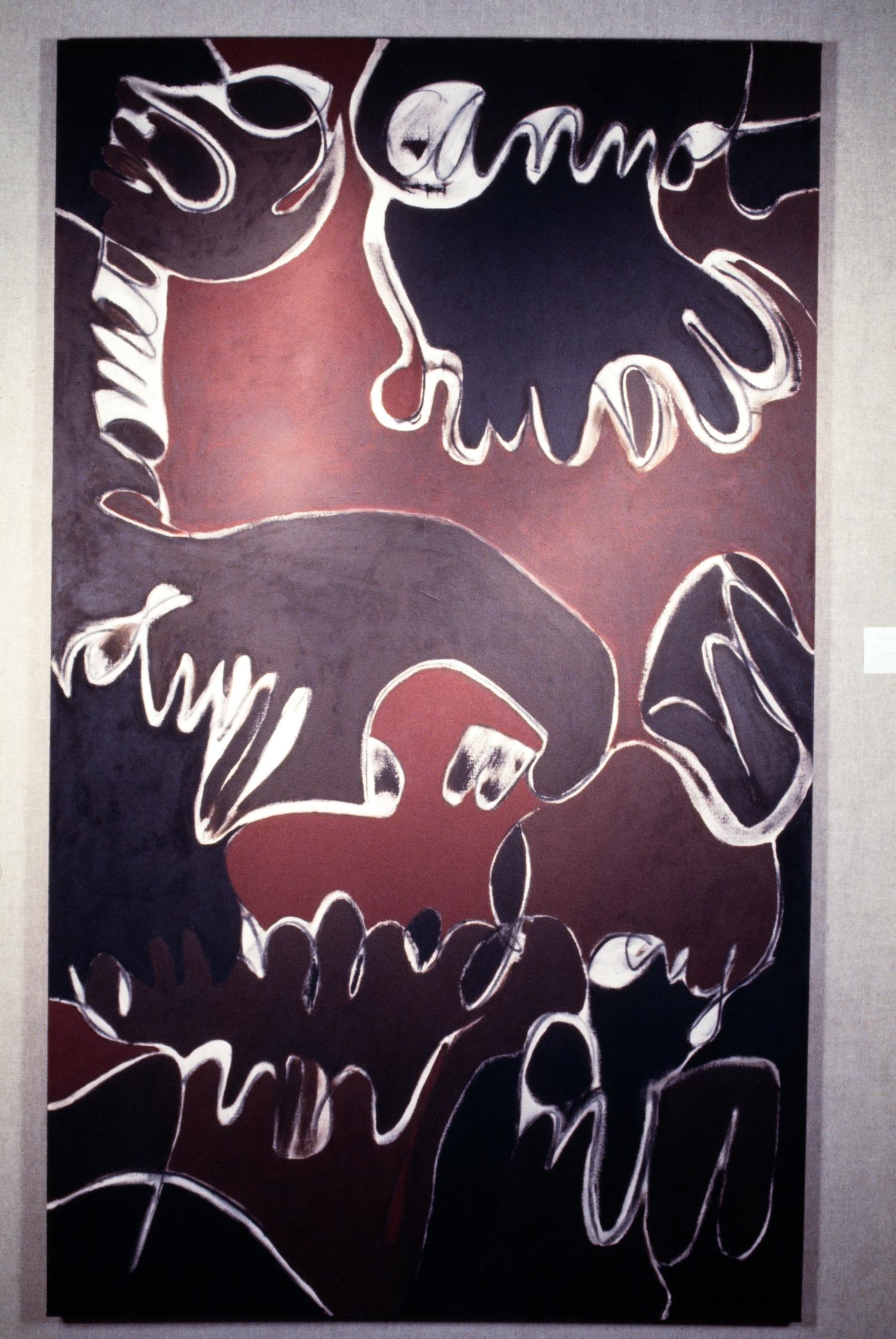 photograph of painting. the canvas has abstract shapes created by large loops of handwriting around the surface. the handwriting is outlined with white, while the much of the lower and upper empty sections of the painting are filled with black, and the more centered open areas filled with a reddish brown.