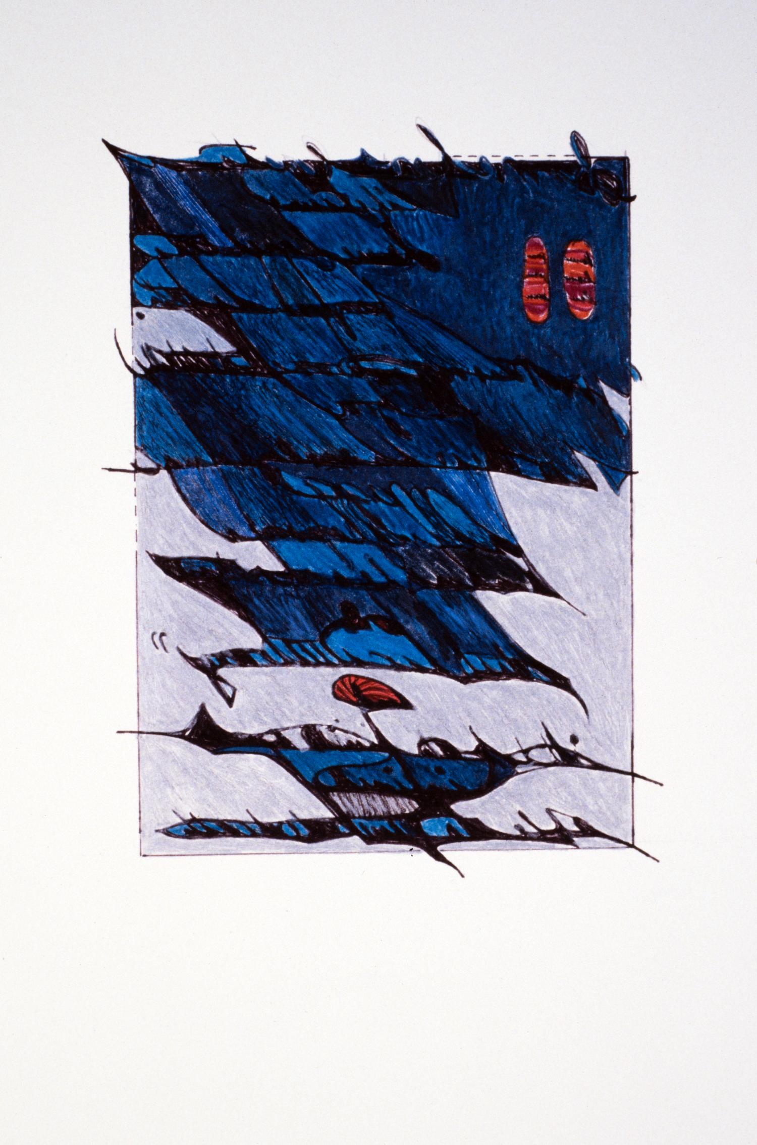 white paper with a rectangle at the center where lines of cursive handwriting are filled in with black and dark blue colors to create a water like effect. two small red oval shapes are in the top right corner of the colored section.