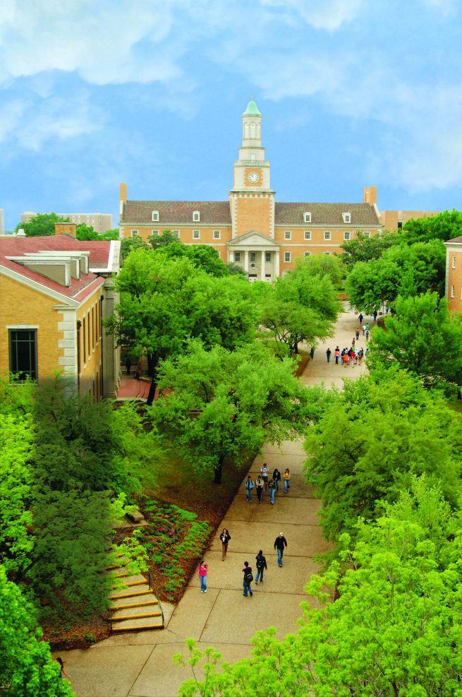 Aerial photograph of a tree lined walkway leading to a building with a large clocktower.