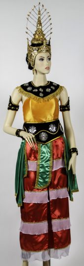 Photograph of a manaquin dressed in traditional Thai temple dancer costume, featuring a yellow top, red skirt, and black neck arm and waist bands, and a tall metal headdress
