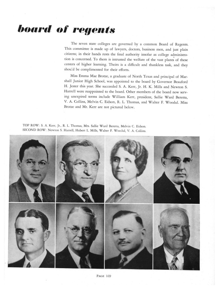 Yearbook page with title Board of Regents. A block of text is below the title with a grid of eight photographs below, of all white men and one white woman.