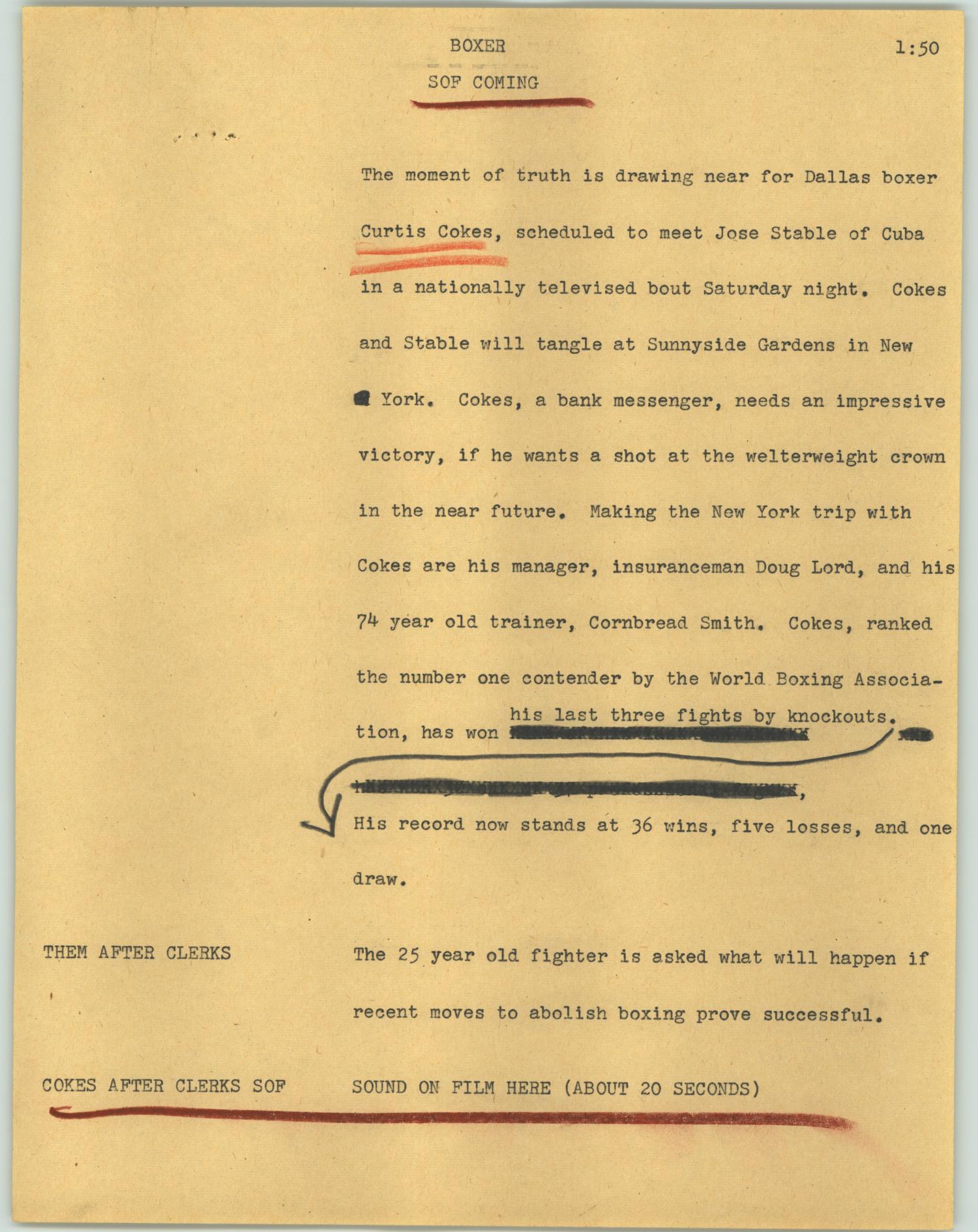 yellow page with typewriter text. The heading reads 'boxer.' Some lines of text are underlined in red, while other lines are blacked out with an arrow drawn to the next line down.